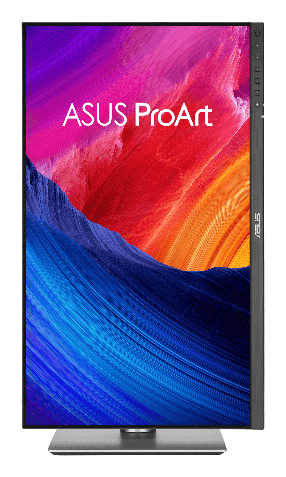 Ein ASUS ProArt Monitor mit einem bunten Hintergrund und Tasten an der Seite.