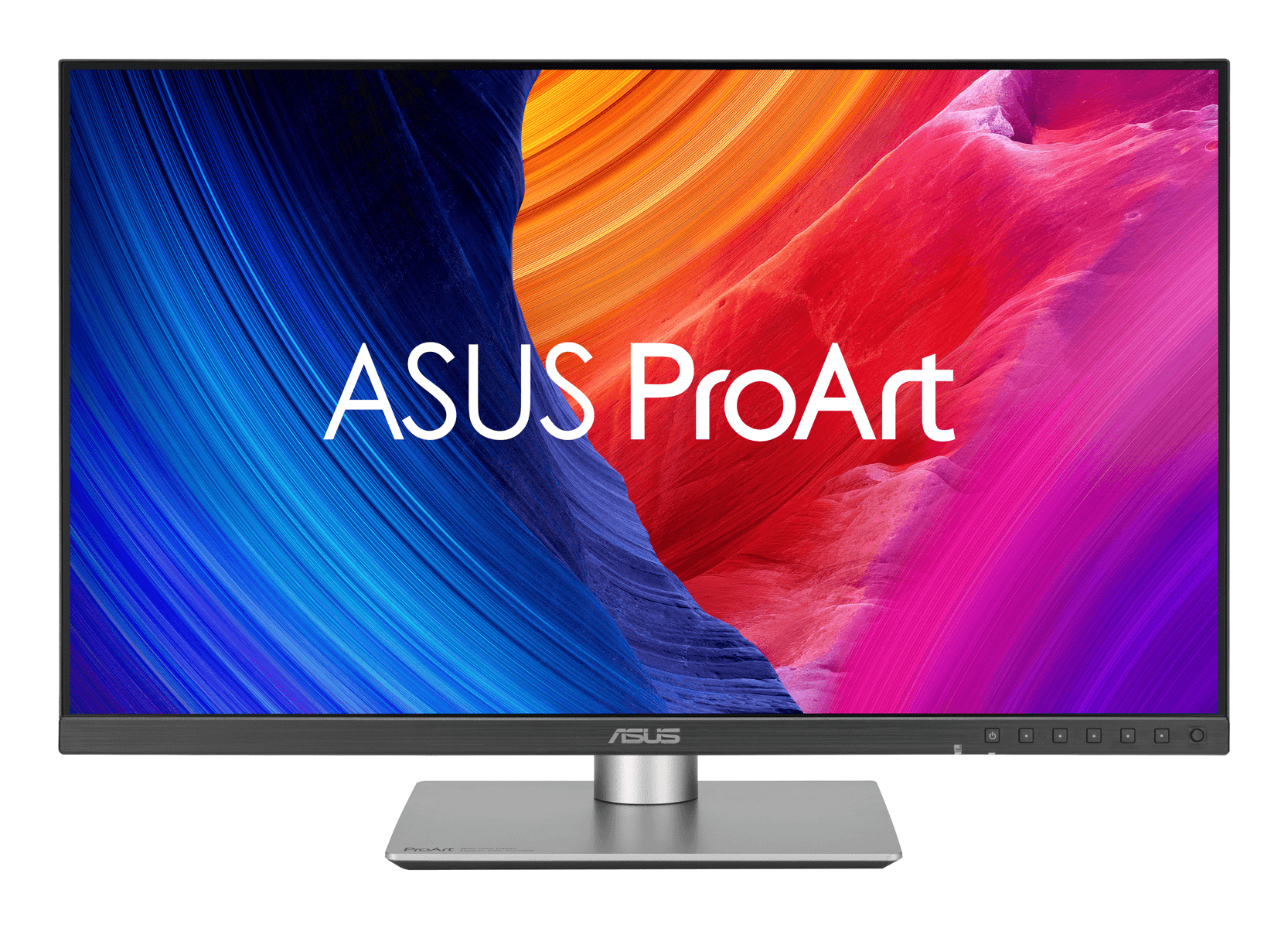 Ein ASUS ProArt Monitor mit abstraktem Hintergrund in Blau-, Rot- und Orangetönen.