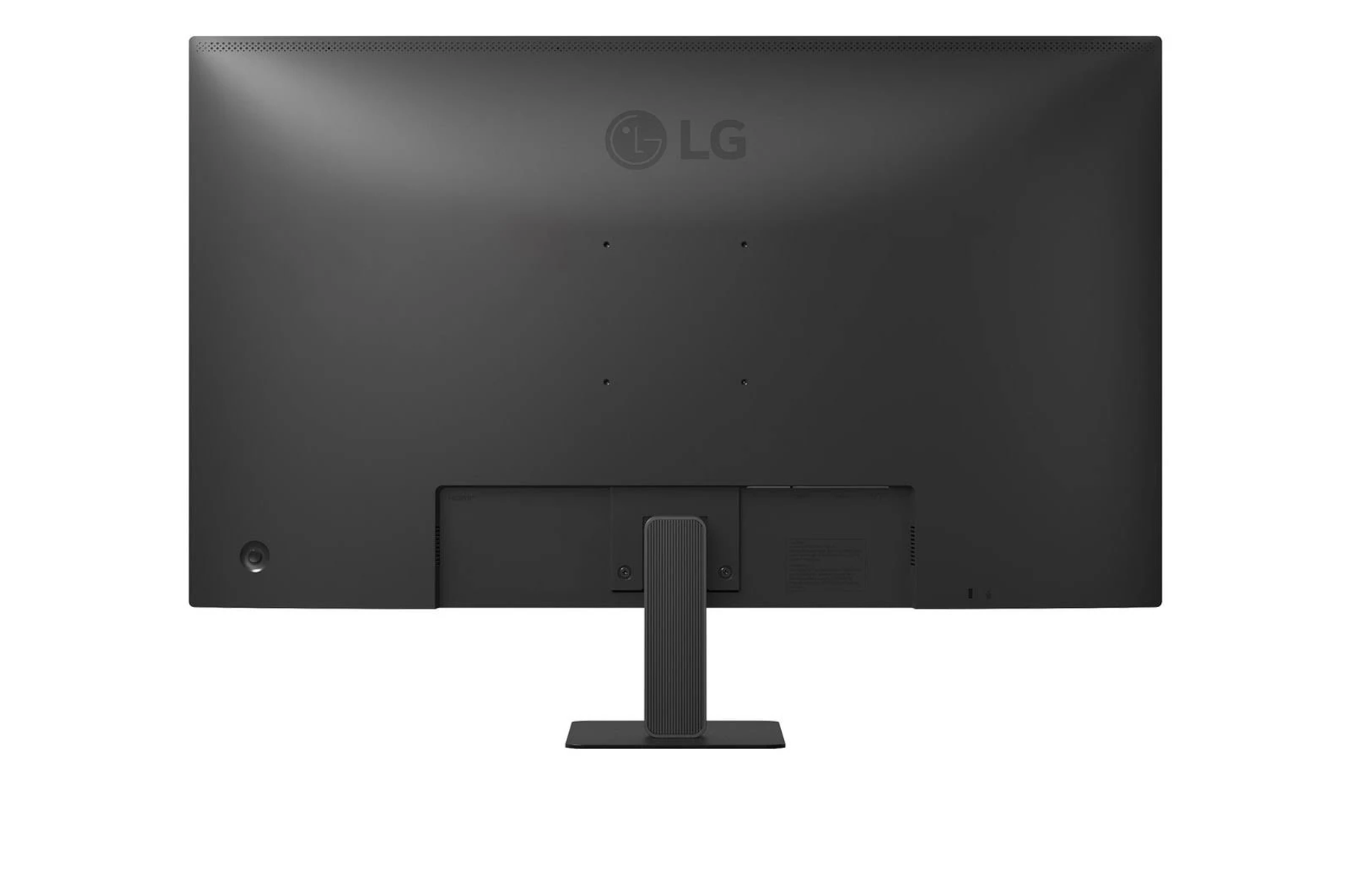 Parte trasera de un monitor LG negro con soporte. Puertos y ventilación visibles.