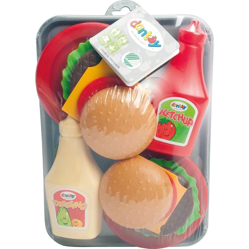 Spielzeug-Hamburger-Mahlzeit-Set mit Ketchup, Dressing, Brötchen und Burger-Patties.
