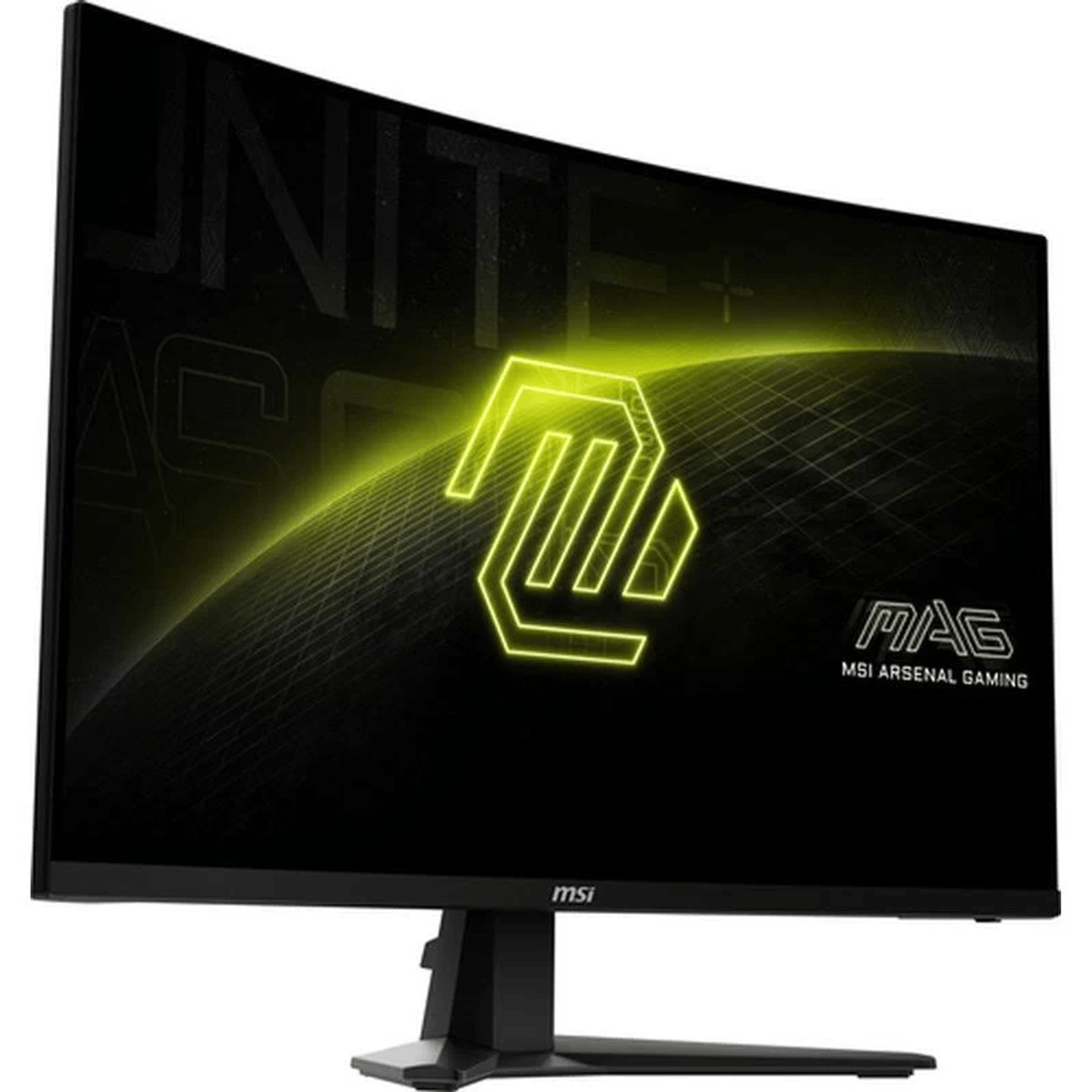 Un monitor da gioco MSI curvo mostra un logo e testo gialli.