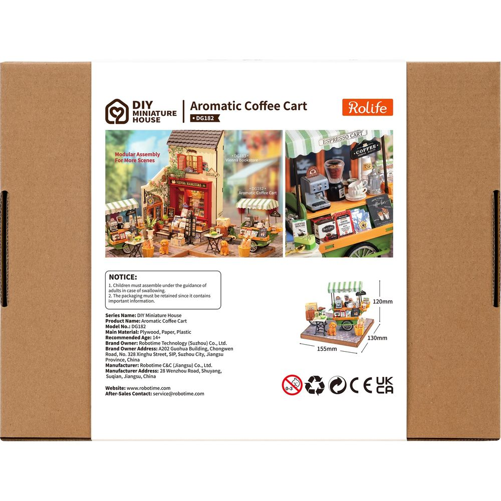 Verpackung für ein DIY-Miniatur-Kaffee-Karren-Modell mit Produktbildern und Hinweisen.