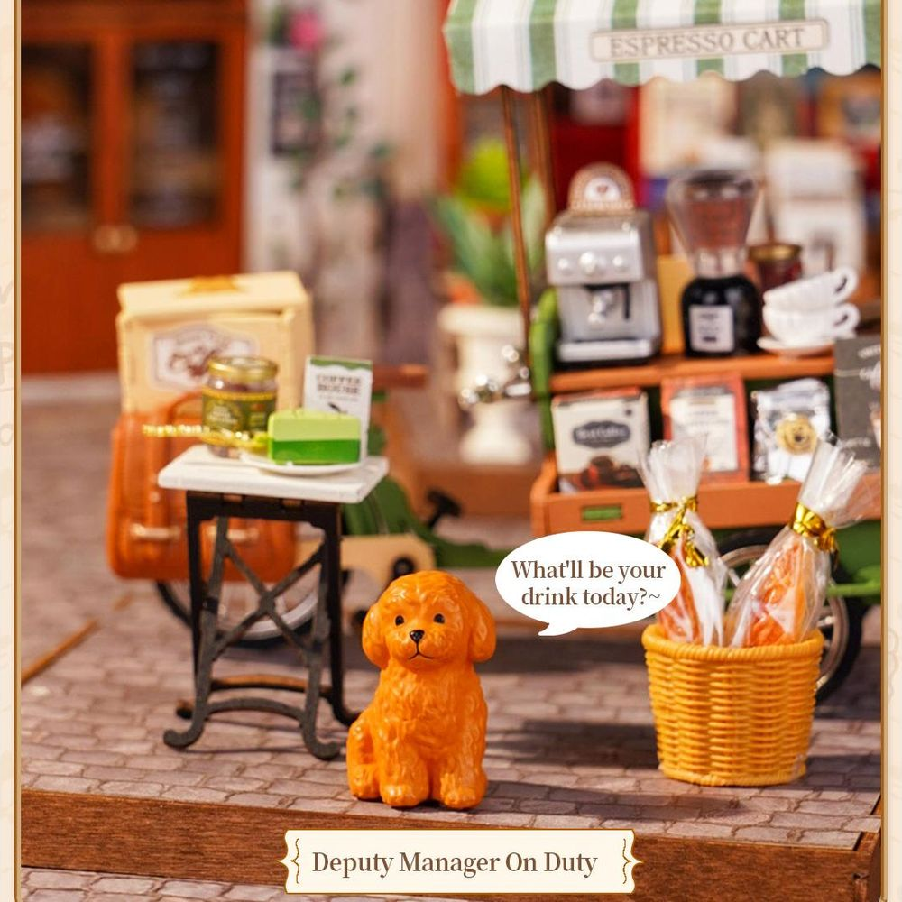 Ein orangefarbener Hund sitzt neben einem Espresso-Wagen mit Süßigkeiten und Kaffee.