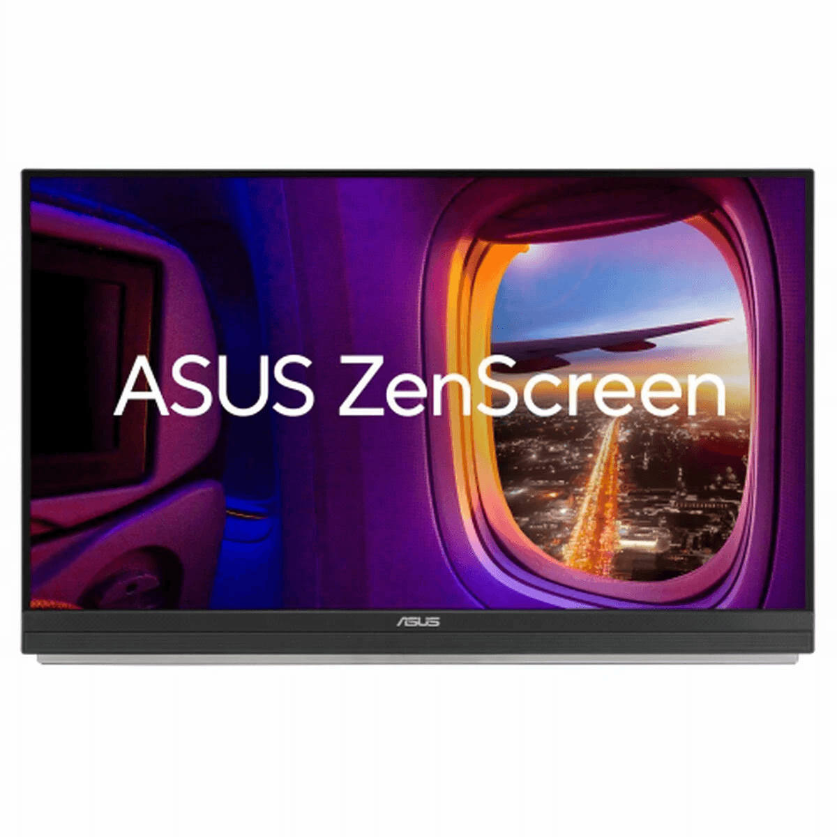 ASUS ZenScreen monitor vliegtuigraam uitzicht stadslichten nacht.