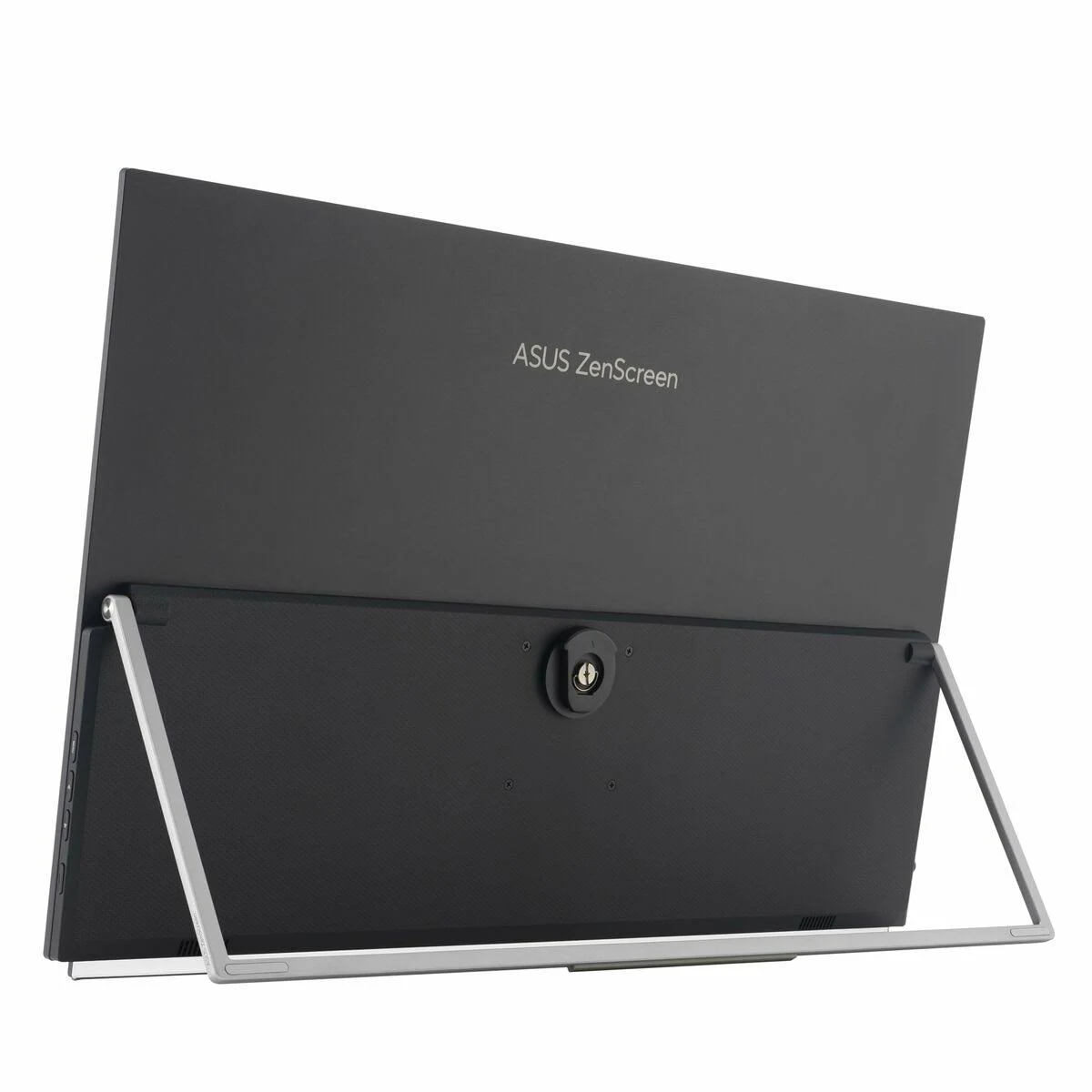 Achterkant van een donkere ASUS ZenScreen monitor met zilveren standaard.