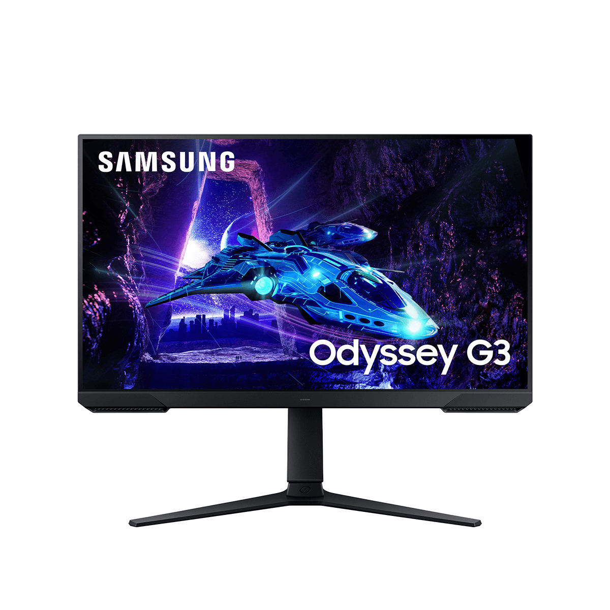 Un monitor Samsung Odyssey G3 que muestra un fondo de pantalla de nave espacial futurista.