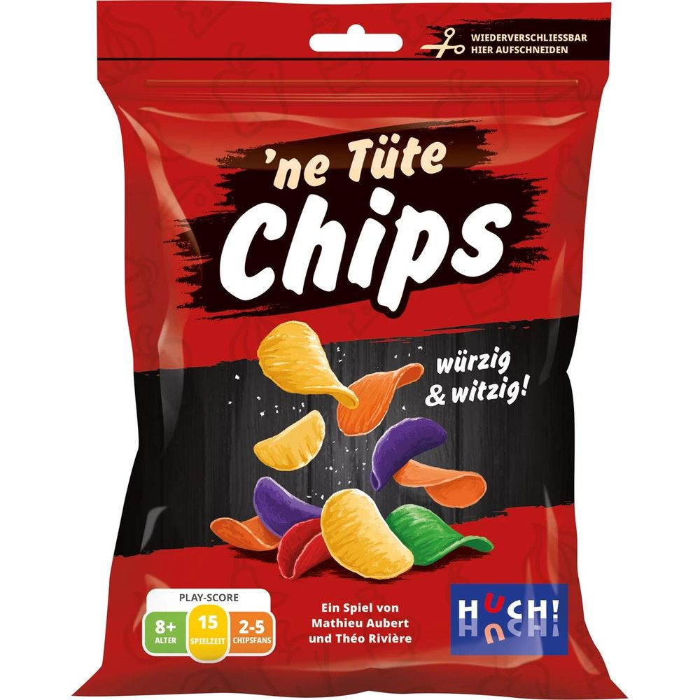 Eine rote Chipstüte mit bunten Chips. Spielinformationen unten.