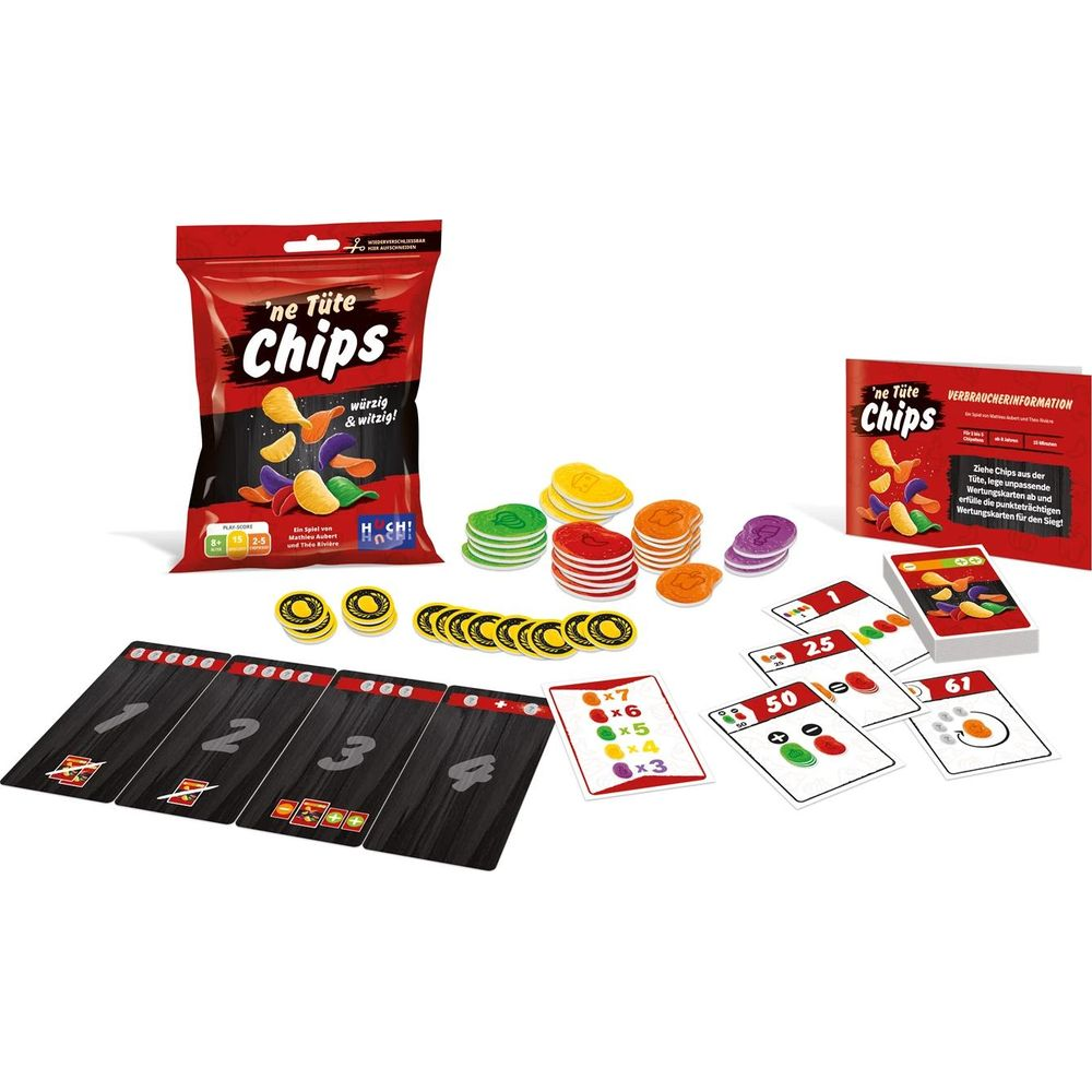 Ein Spiel mit Chips-Tüten, Chips-Markern, Wertungskarten und Spielkarten.