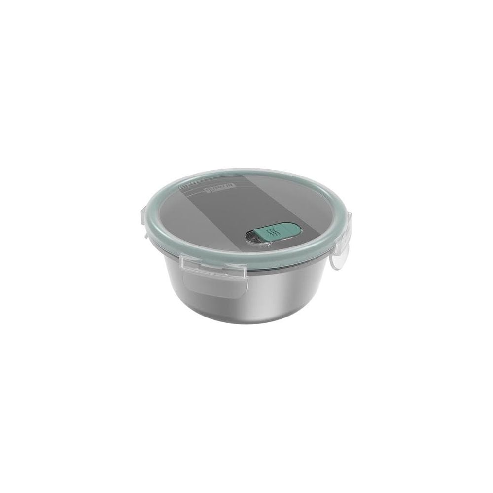 Contenitore rotondo in acciaio inox con coperchio blu e simbolo vapore.