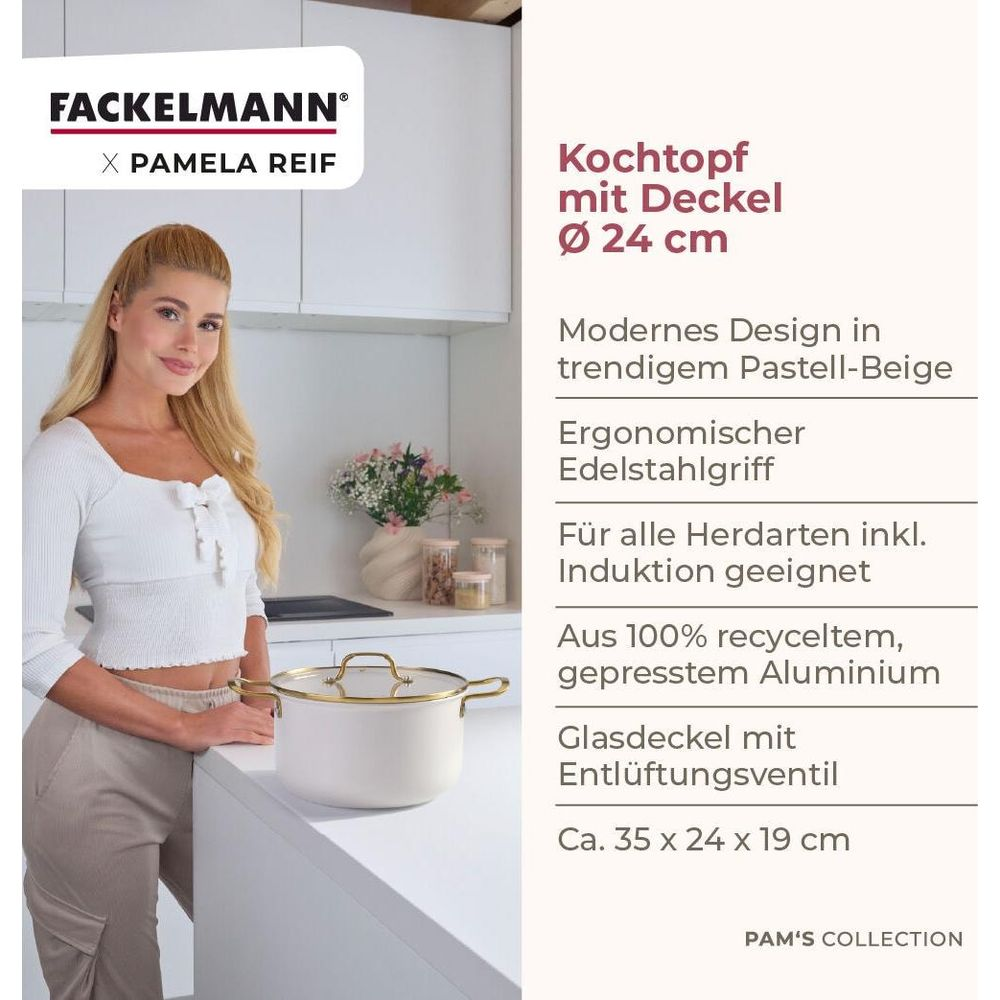 Fackelmann Kochtopf: Frau, Topf in Pastell-Beige, Küche. Produktinfos.