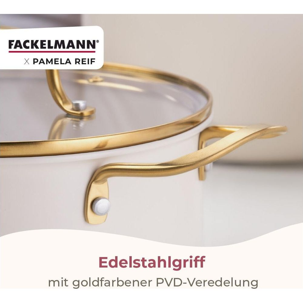 Ein weißer Topf mit goldenen Griffen und Glasdeckel. Fackelmann Logo.