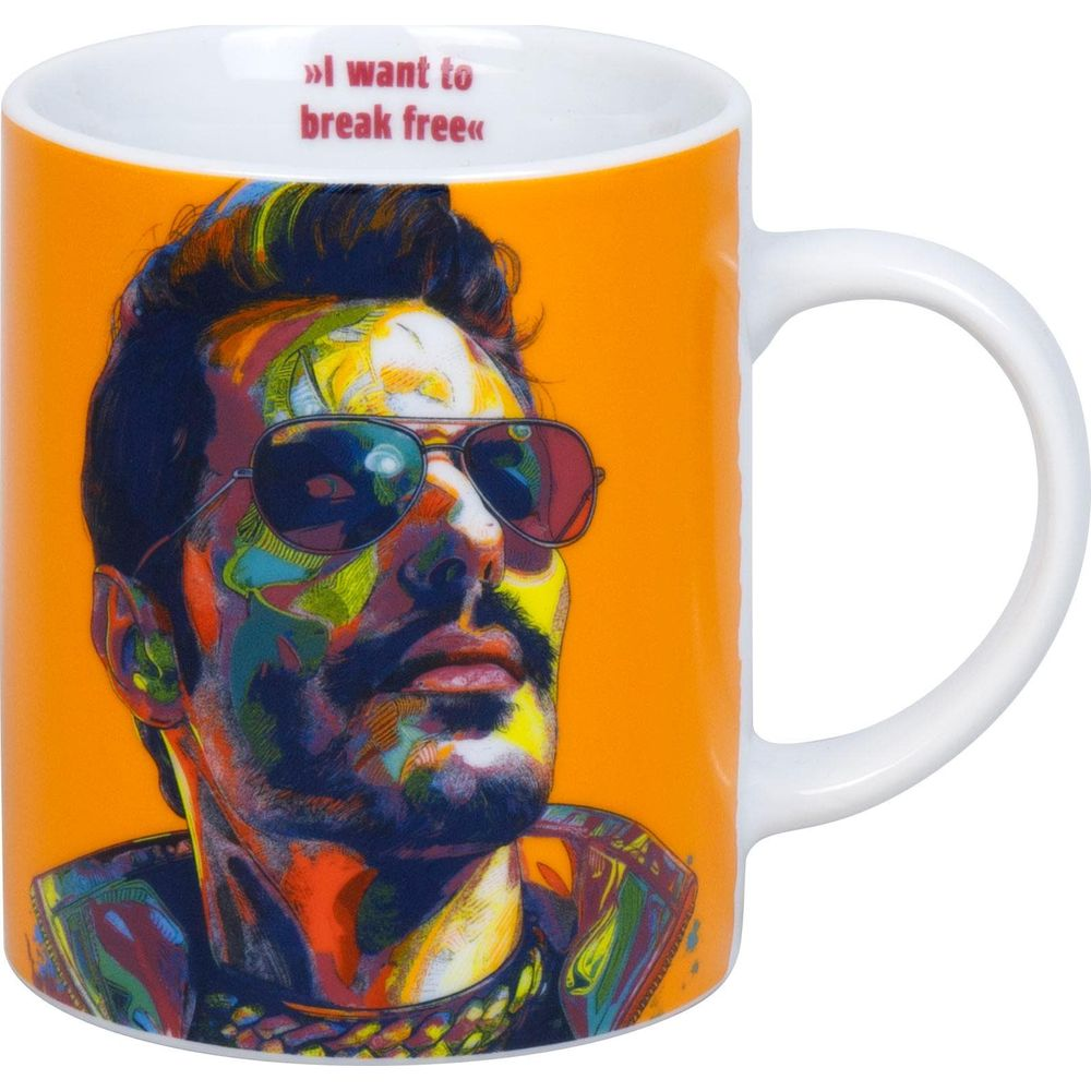 Tasse mit buntem Porträt von Freddie Mercury, "I want to break free" Text.
