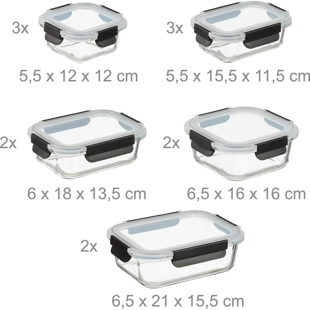 Fünf Glasbehälter mit verschiedenen Größen und Deckeln.