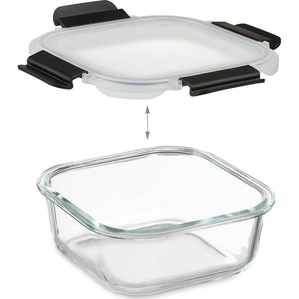 Glasbehälter mit offenem Deckel, mit schwarzen Verriegelungsclips.