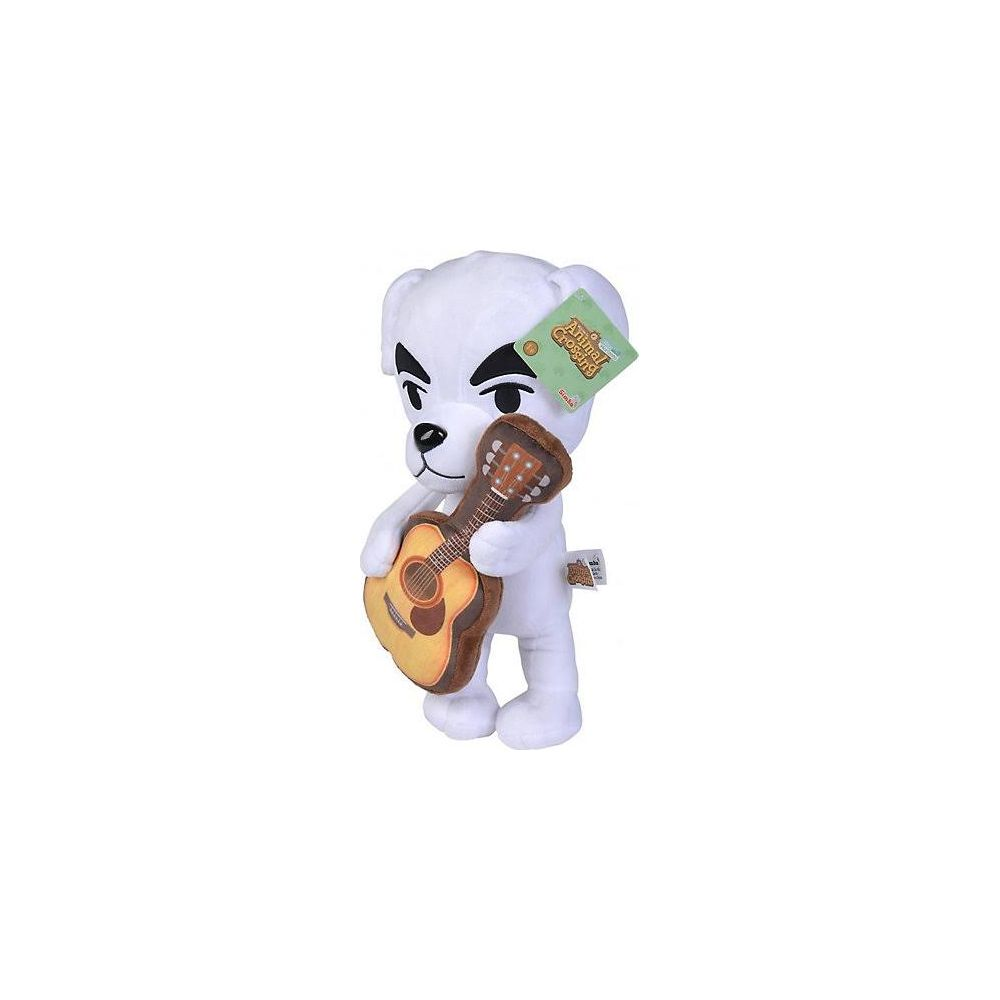 Ein weißer Hund-Plüschtier hält eine Gitarre und ein Animal Crossing-Tag.