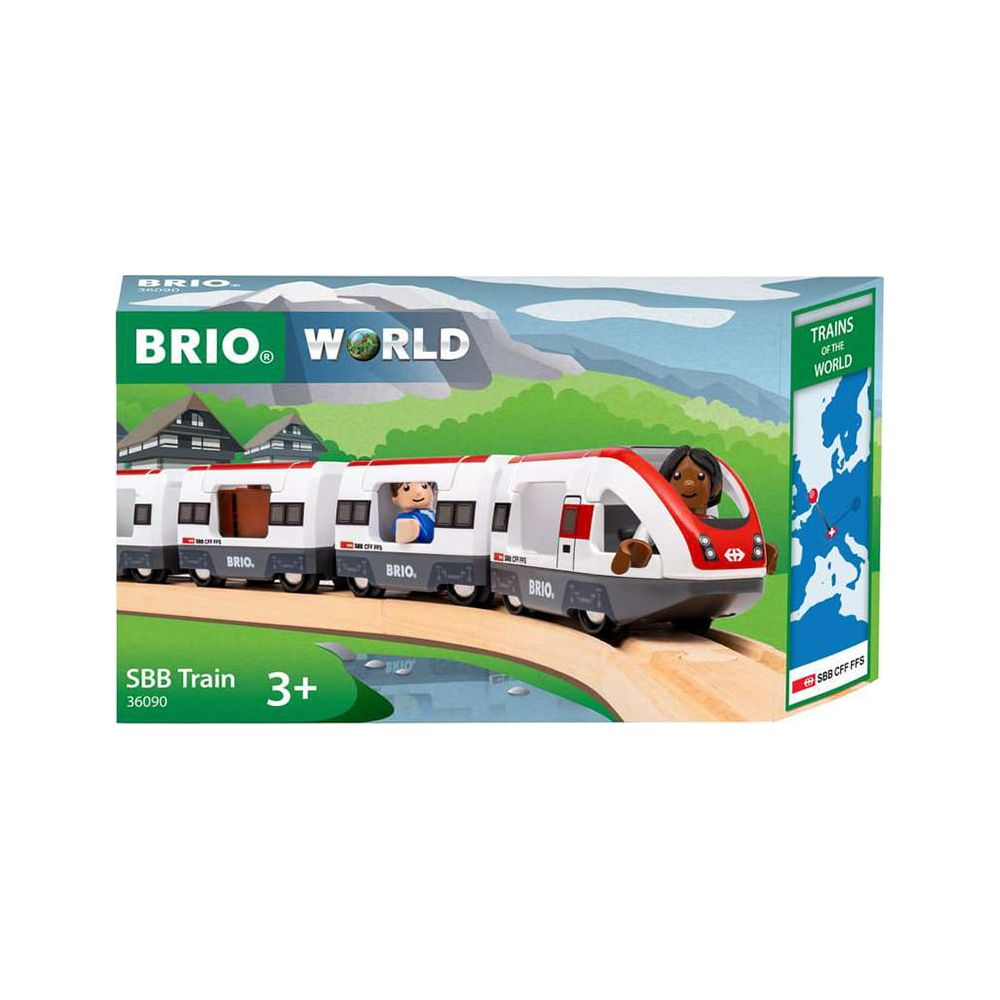 Jeu de train BRIO SBB sur une voie, avec figurines et paysage en arrière-plan.