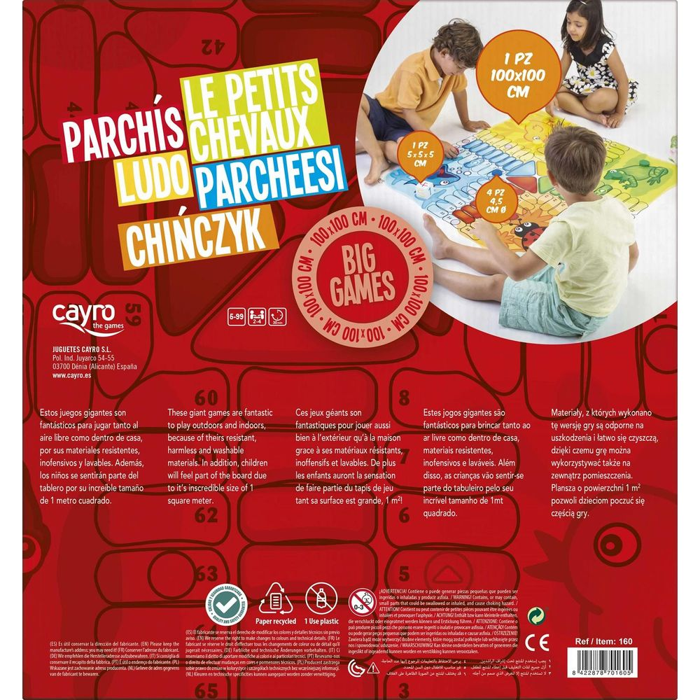Caja con tapete de juego y niños. Texto en alemán, inglés, español, francés, húngaro, italiano, neerlandés, polaco, turco.