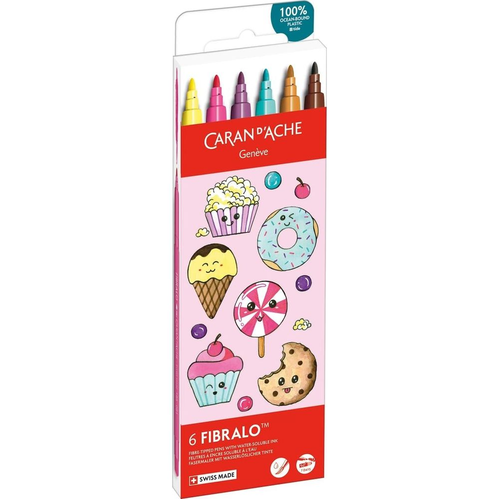Verpackung mit 6 Caran d'Ache Filzstiften mit süßen Lebensmittelmotiven: Cupcakes, Keks, Eis, Donut.