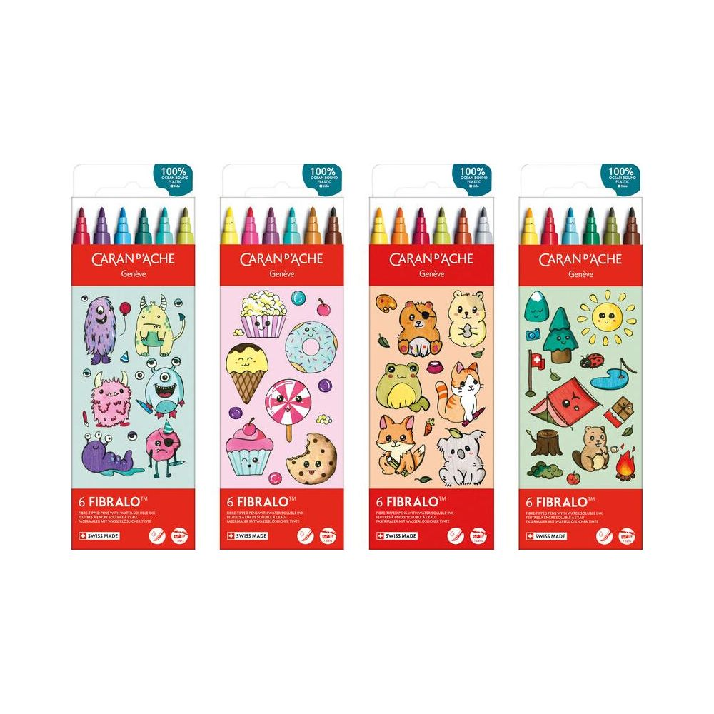 Vier Packungen Filzstifte mit bunten Tiermotiven und Süßigkeiten.