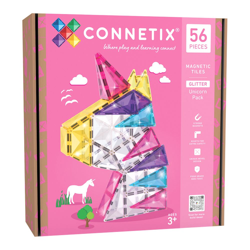 Connetix Glitter Einhorn Packung Schachtel mit Magnetfliesen, zu einem Einhorn geformt.