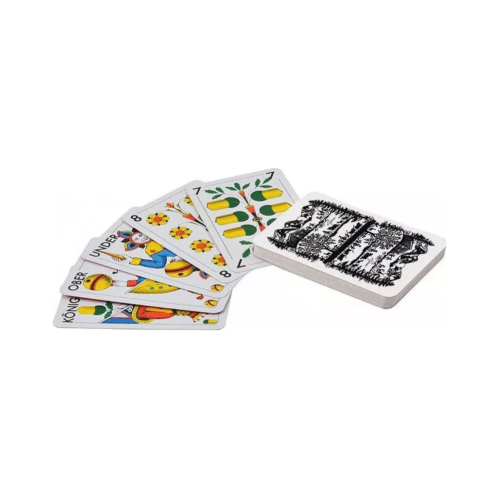 Cartes à jouer : Roi, Valet, 7 et 8, avec dos forêt.