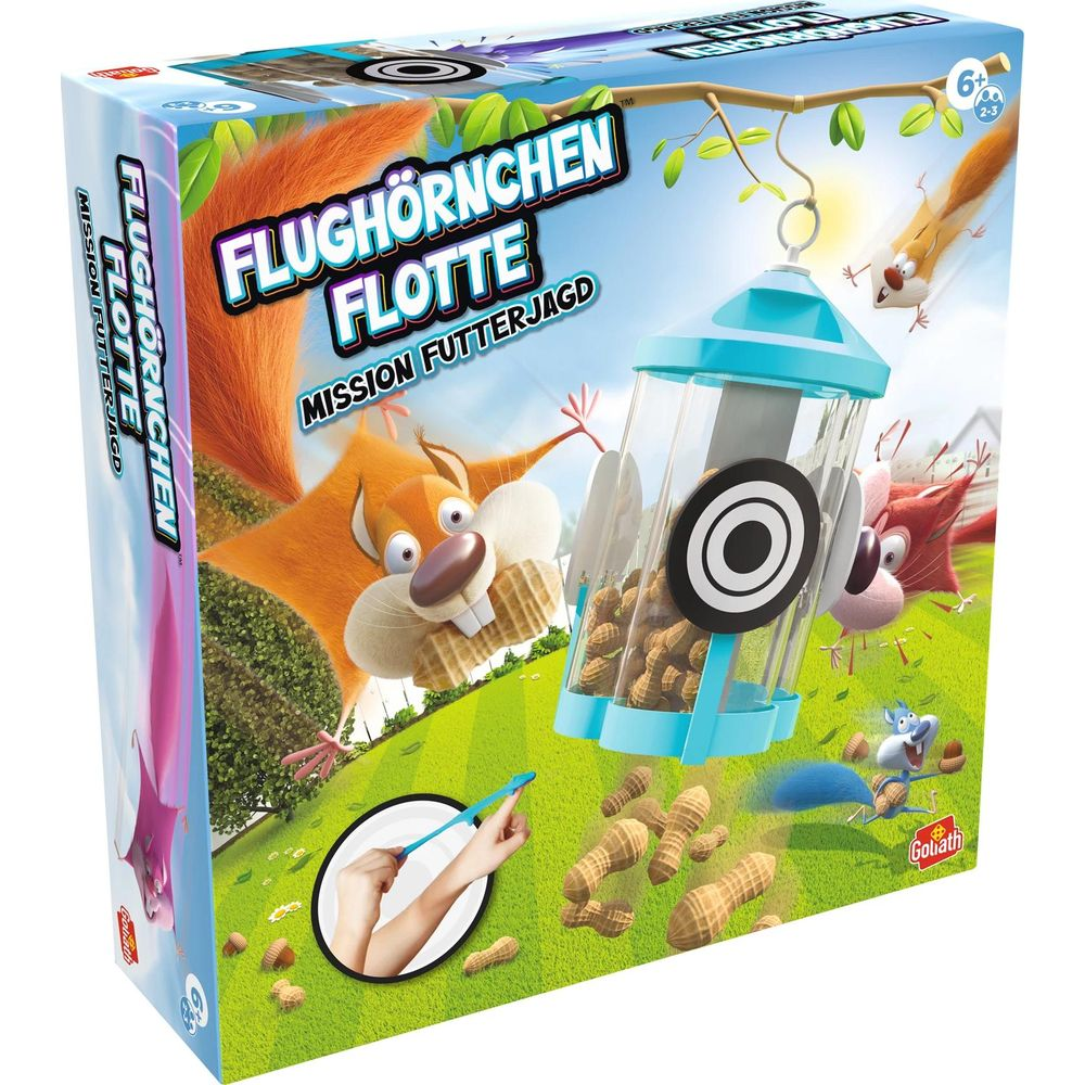 Ein Spielkarton mit Eichhörnchen, die Nüsse aus einem Spender holen.