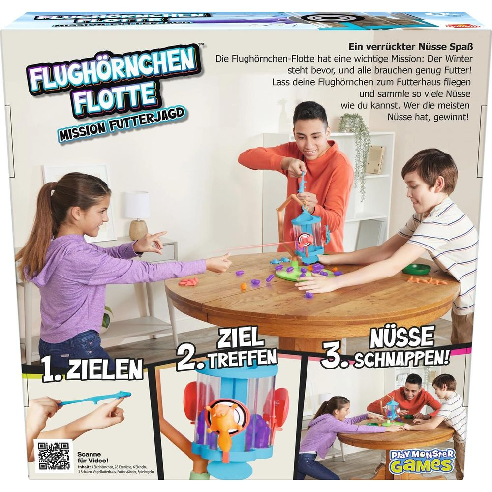 Kinder spielen ein Spiel und schleudern Eicheln in einen Futterspender. Text: 'Flughörnchen Flotte'.