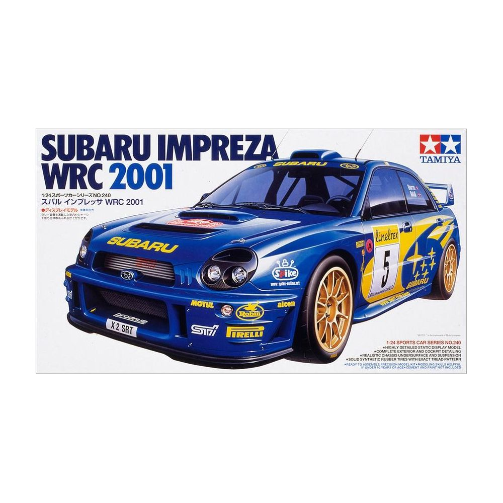 Ein blaues Subaru Impreza WRC 2001 Modellauto auf einem weißen Hintergrund.