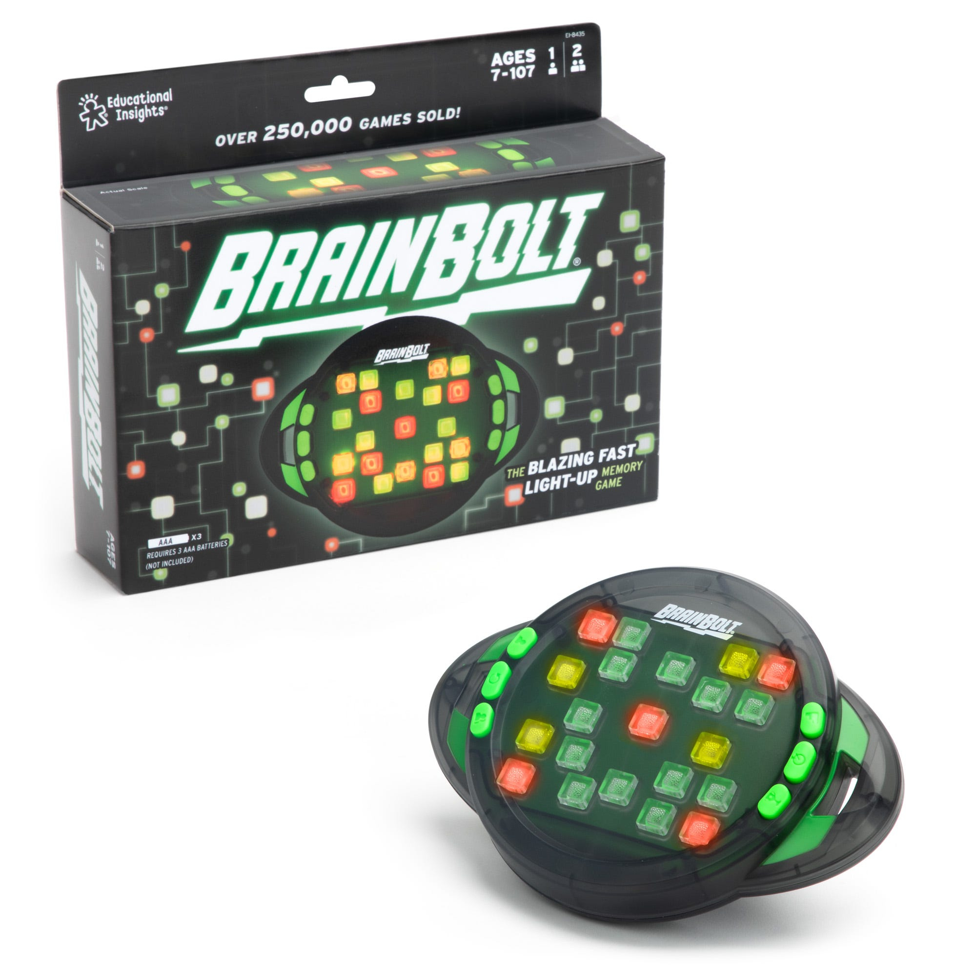 Das Spiel BrainBolt und seine Verpackung mit leuchtenden Tasten in Rot und Grün.