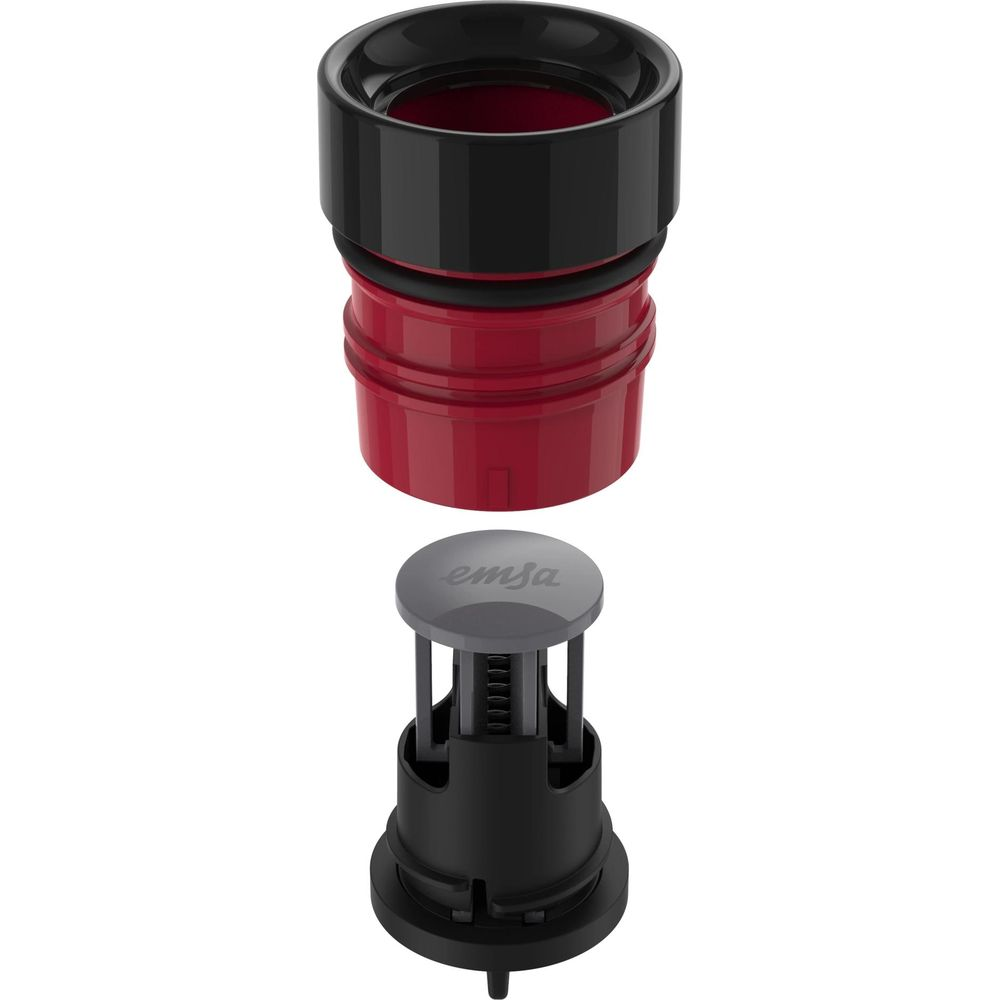Roter und schwarzer Thermos-Deckel mit grauem Emsa-Knopf, zerlegt.