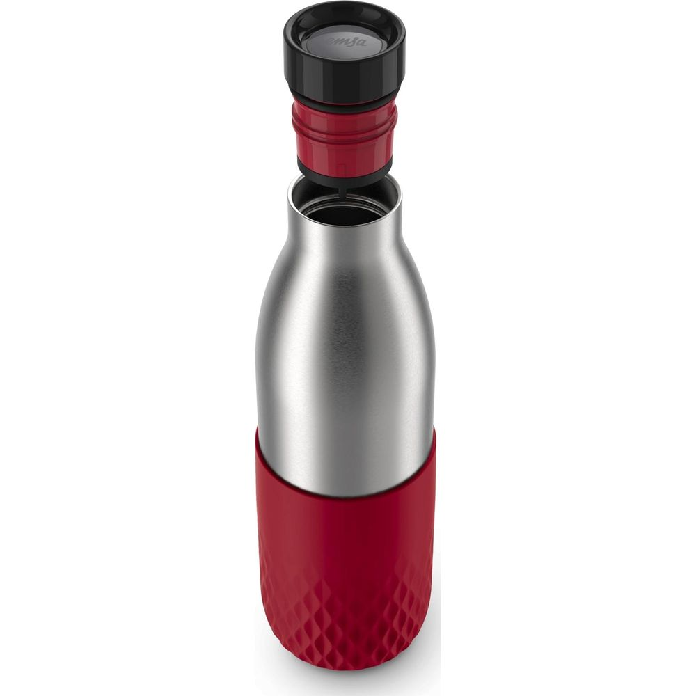 Silberne Trinkflasche mit rotem Aufsatz und strukturiertem Sockel.