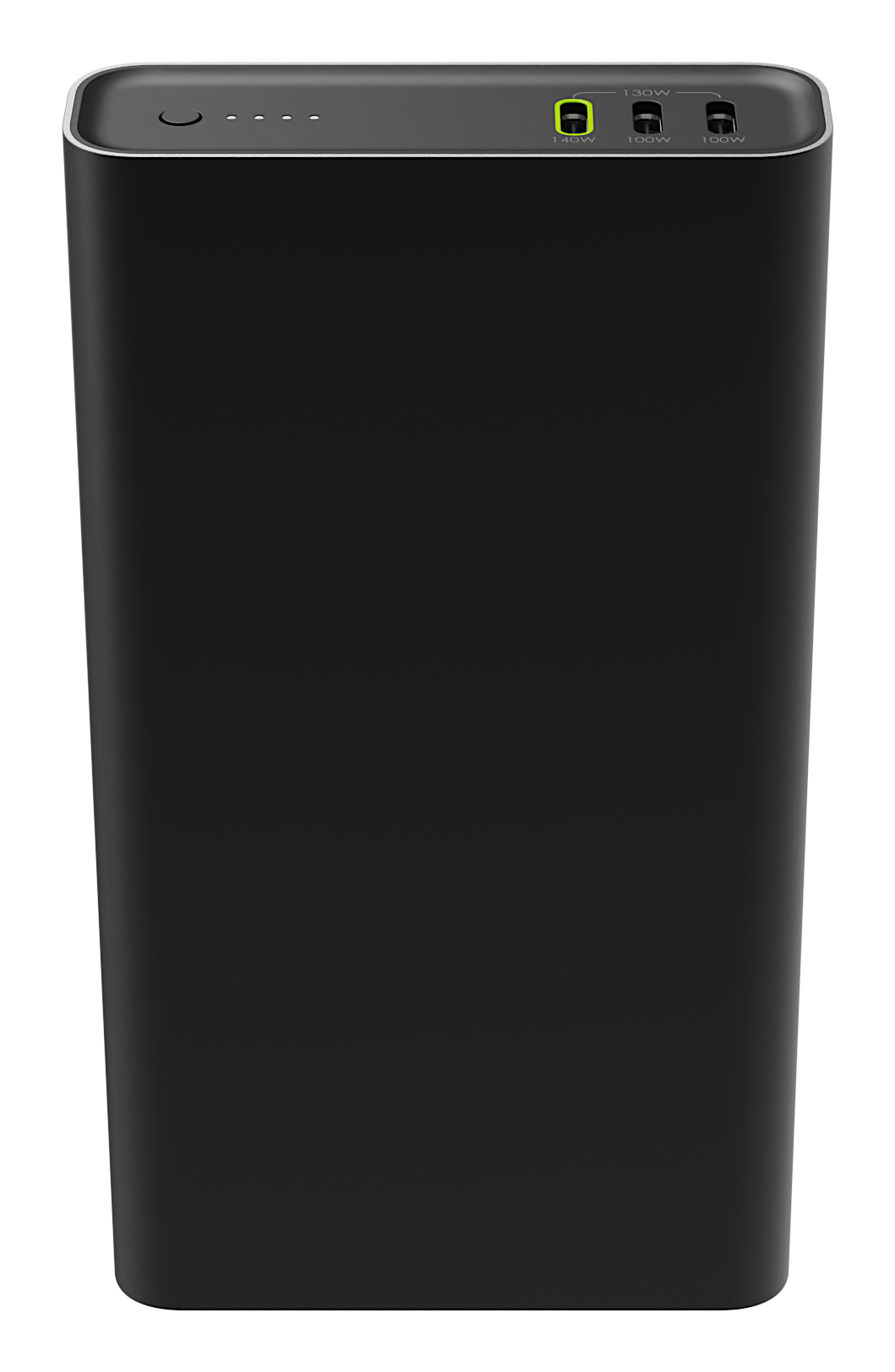 Power bank rettangolare nero con bordo argentato e LED indicatori.