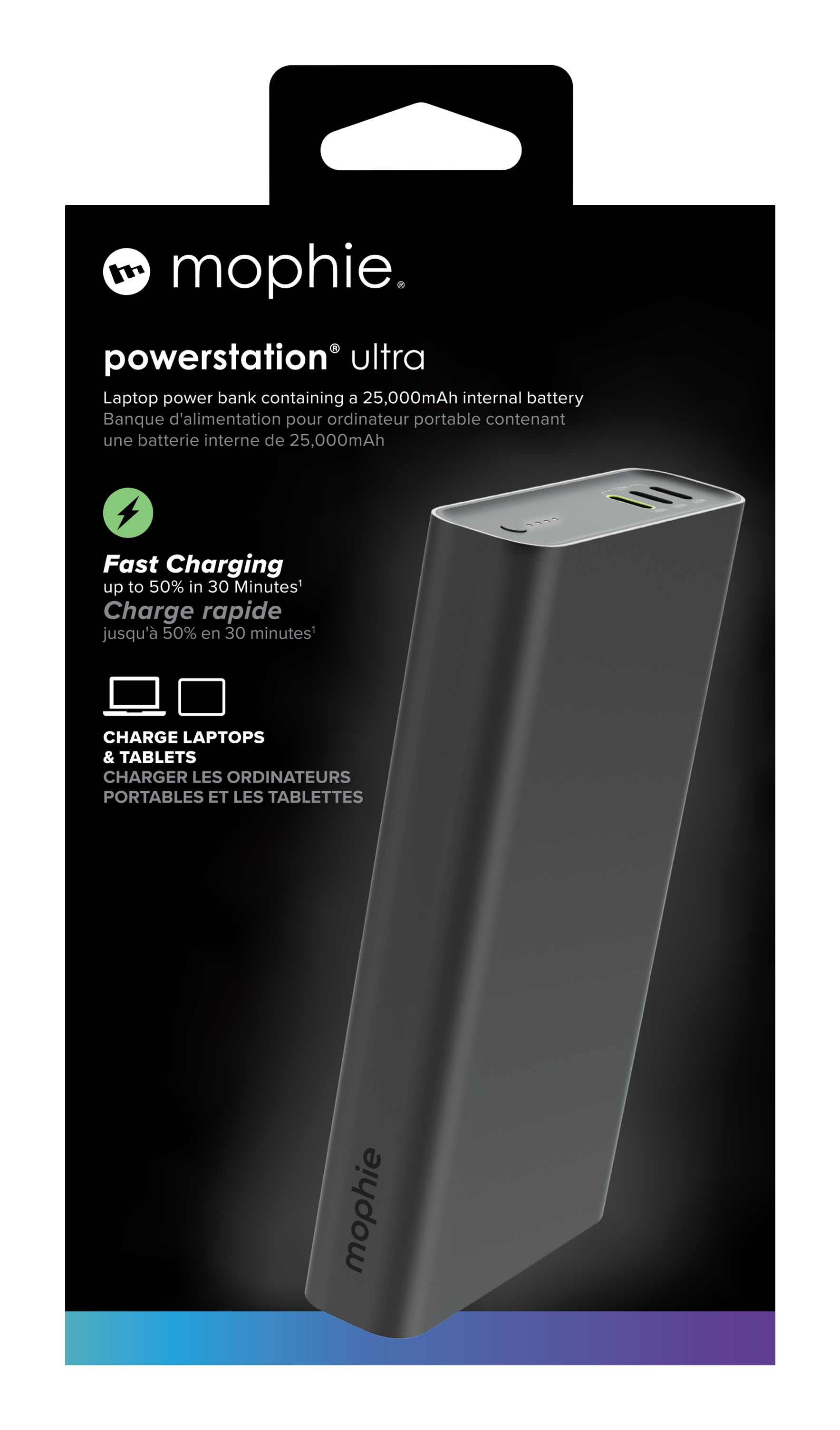 Power bank Mophie Powerstation Ultra grigio con indicatore di carica e icona laptop.
