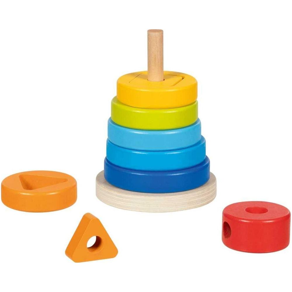 Ein Holzspielzeug mit bunten Ringen, die auf einem Stab gestapelt sind.