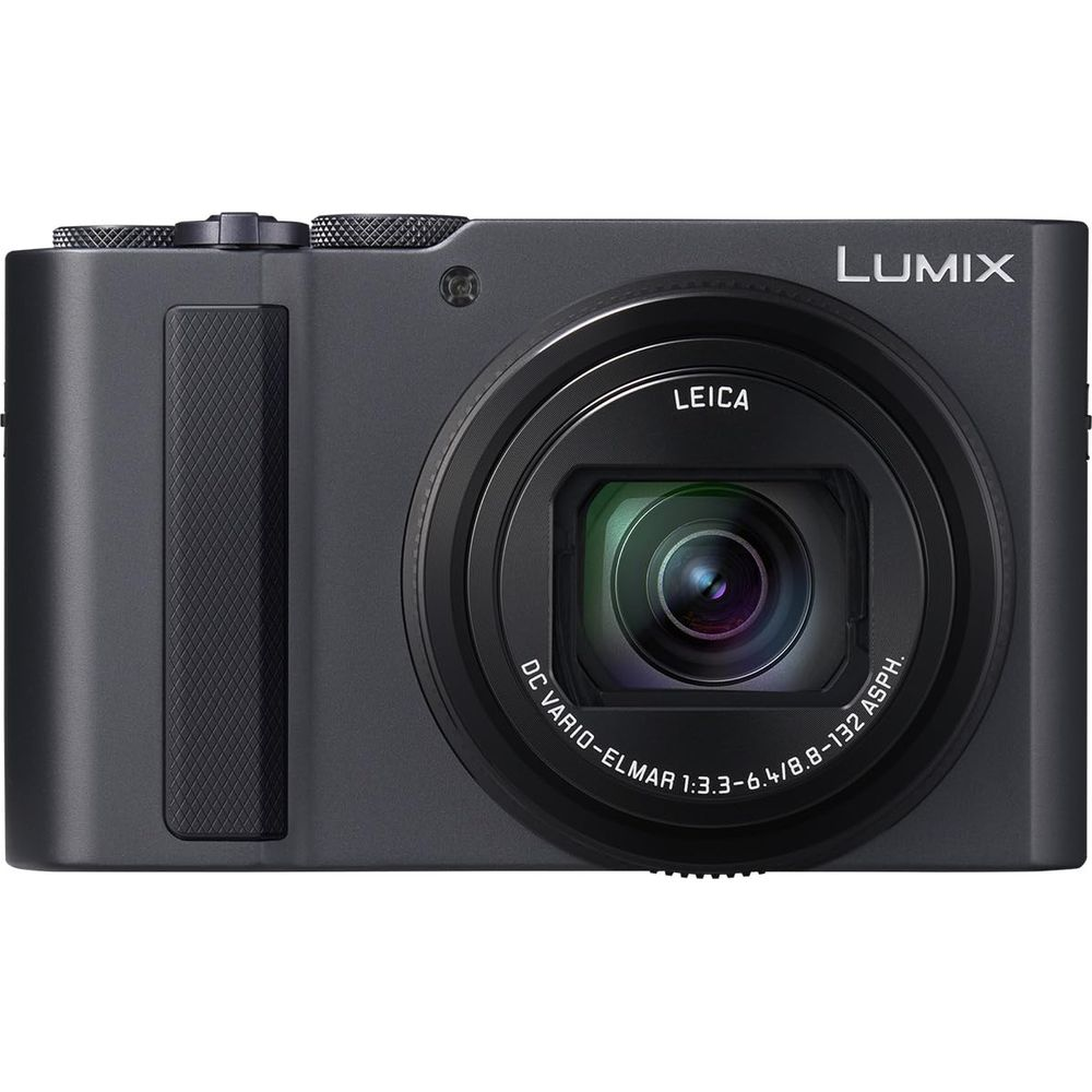Dunkelgraue Panasonic Lumix Kamera mit Leica Objektiv.