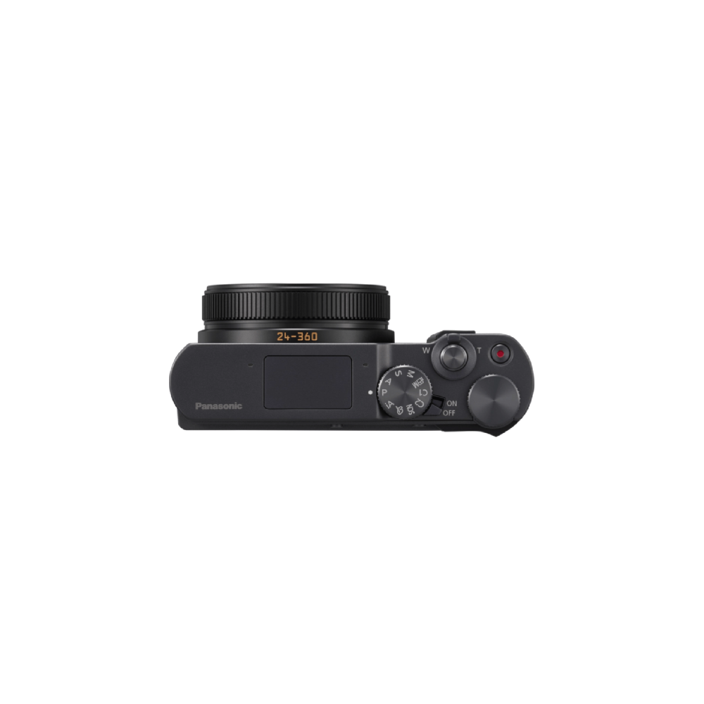 Eine schwarze Panasonic Digitalkamera mit Zoomobjektiv und Bedienelementen.