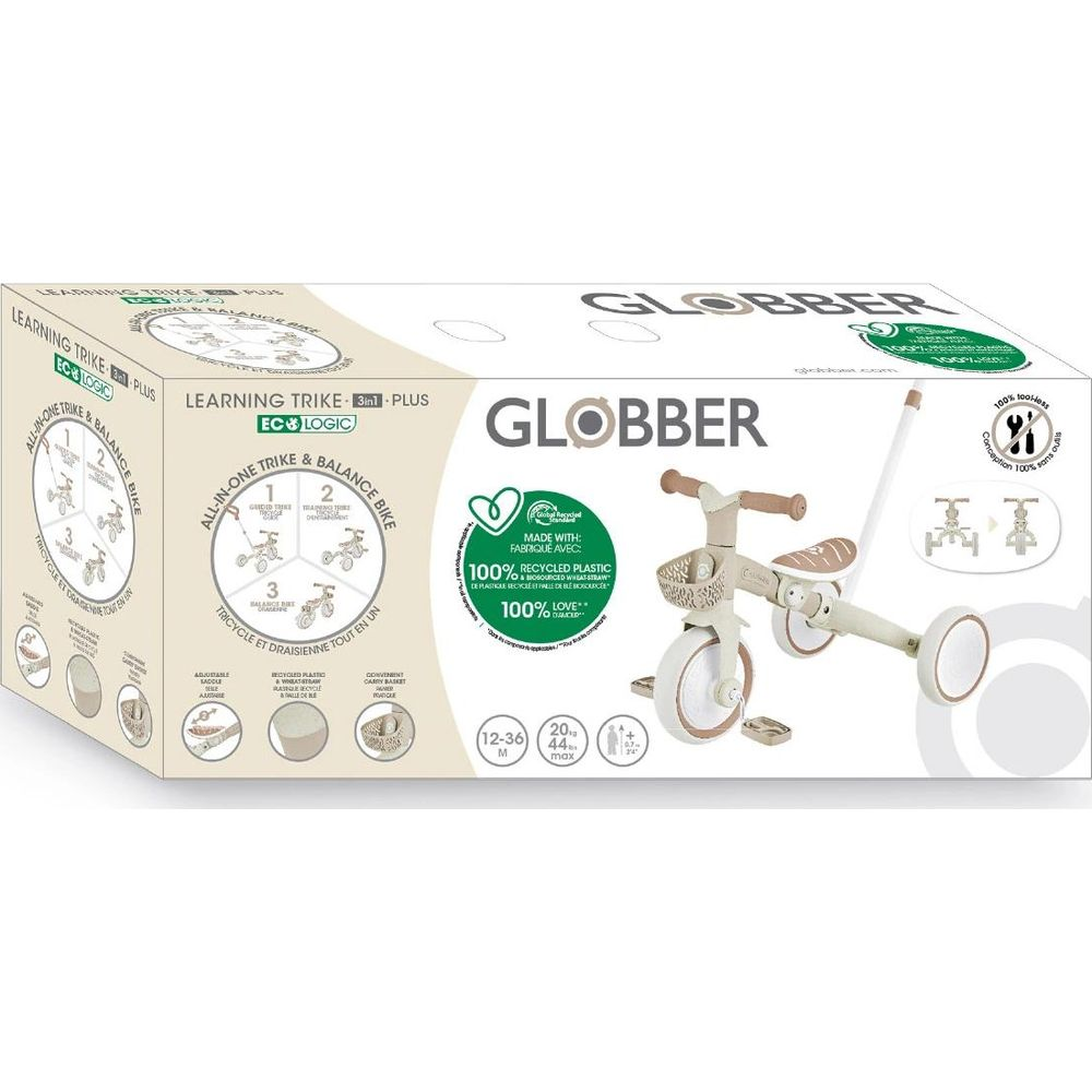 Globber Dreirad-Laufrad-Kombination in Beige und Weiß mit Griff und Korb.