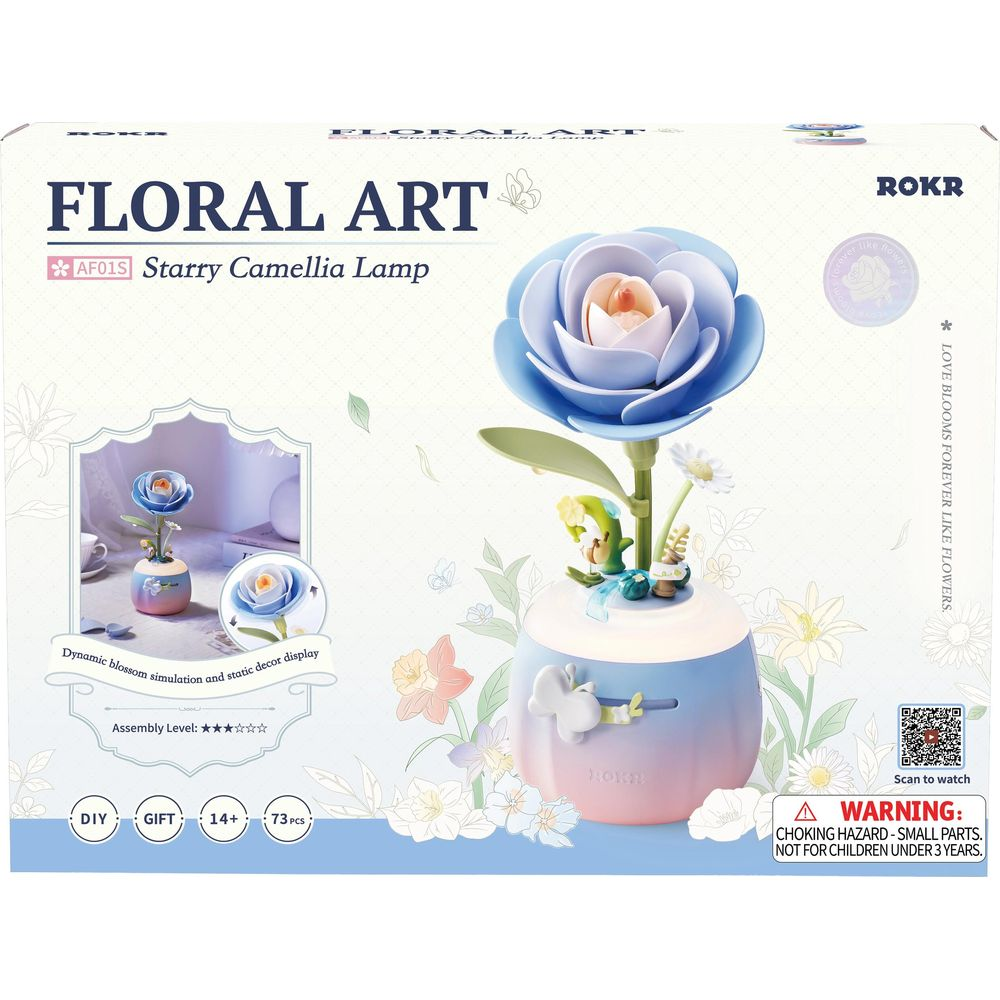 ROKR Floral Art Bausatz: Blaue Sternenkamille Lampe mit Figuren und Blumen.