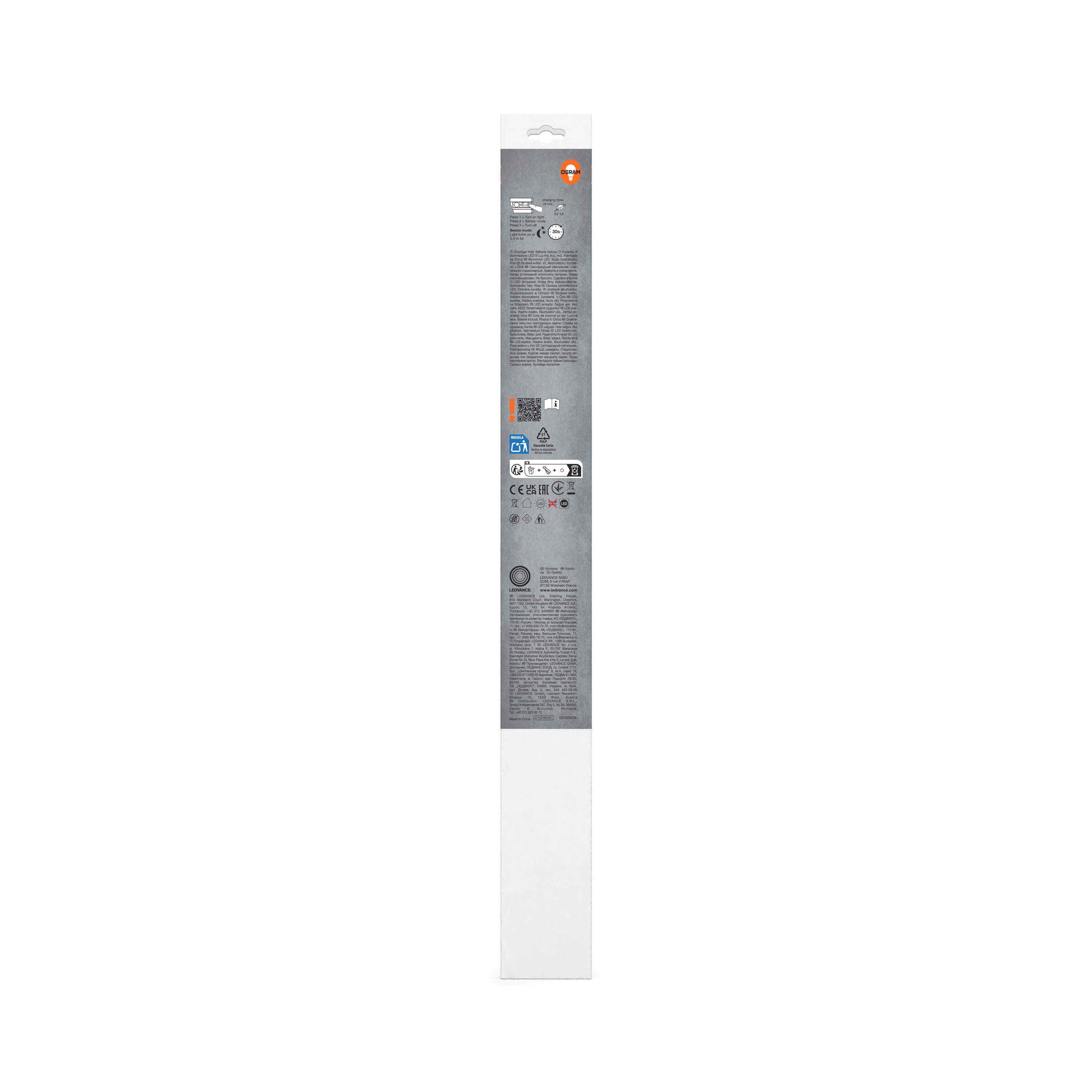 Verpackung mit OSRAM-Logo, Ladeinformationen und verschiedenen Symbolen.