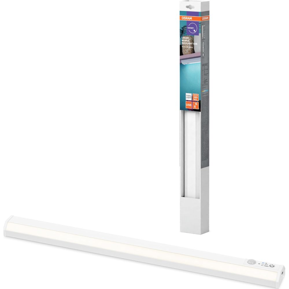 Eine weiße LED-Leiste mit USB-Anschluss und Bewegungssensor im Karton.