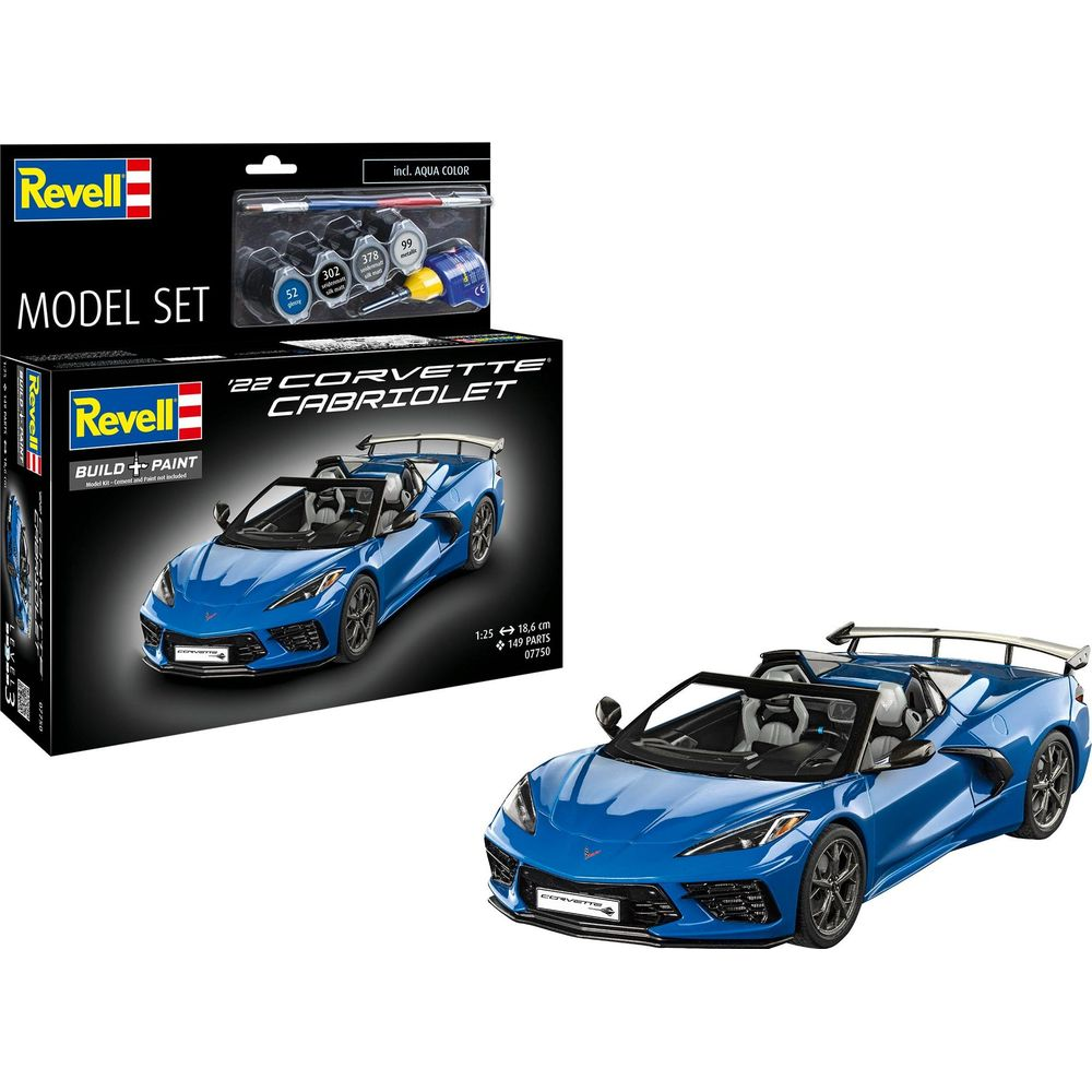 Revell Modellbausatz eines blauen Corvette Cabriolets mit Farben und Pinseln.