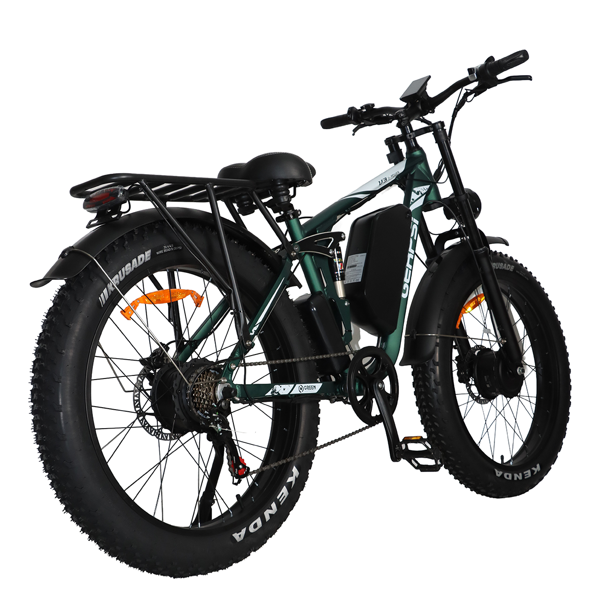 Zielony rower elektryczny typu fatbike z bagażnikiem, błotnikami i hamulcami tarczowymi.