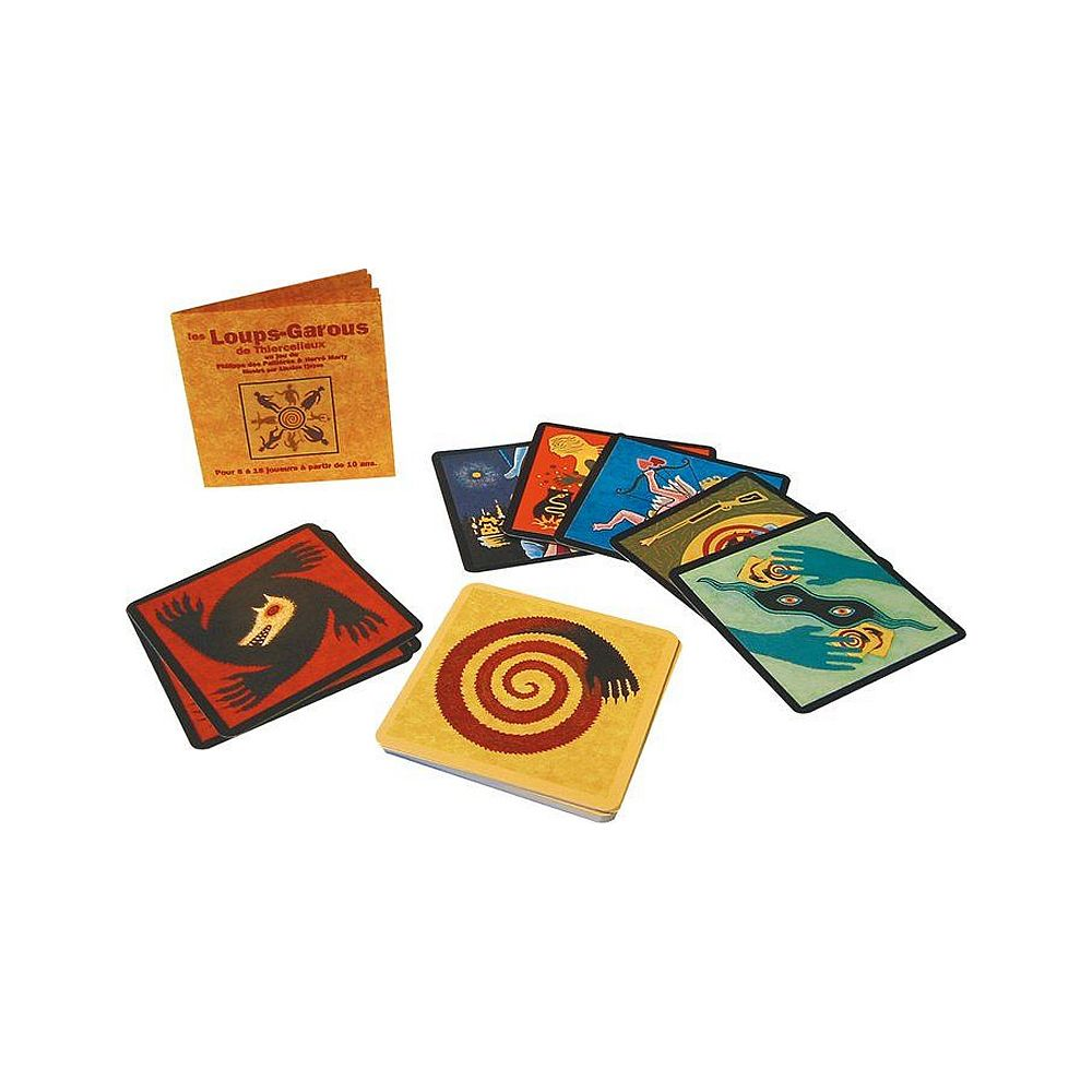 Spielkarten mit verschiedenen Motiven, ein Regelheft und Spielkartenstapel.