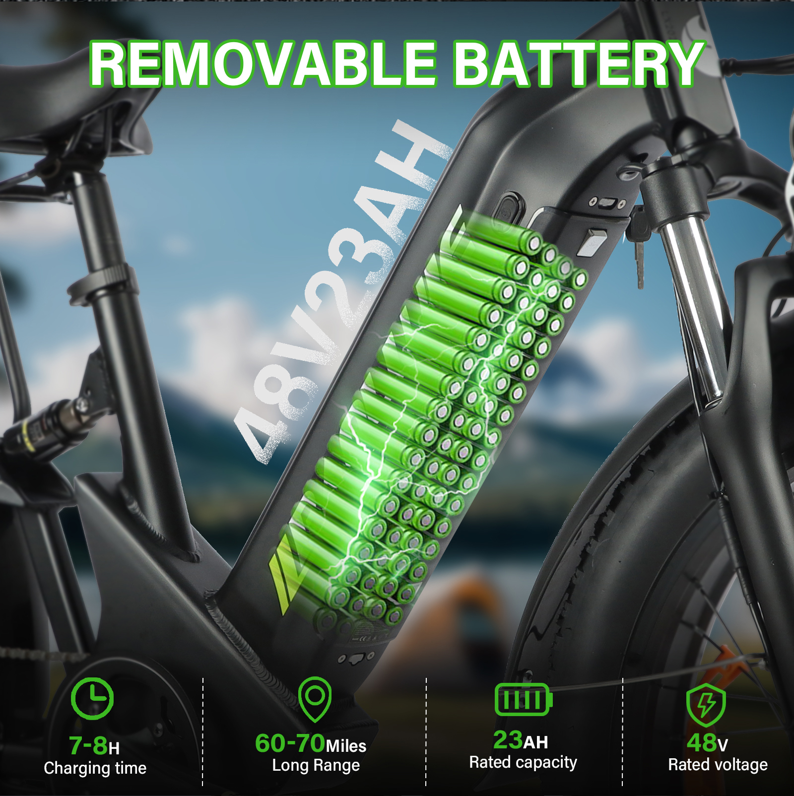 Bateria e-bike 48V, 23AH, czas ładowania 7-8h, zasięg 60-70 mil.