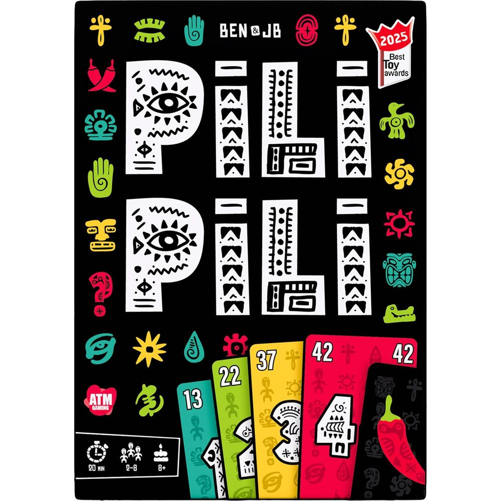 Spielverpackung mit "PILI" Schriftzug, Symbolen und Spielkarten.