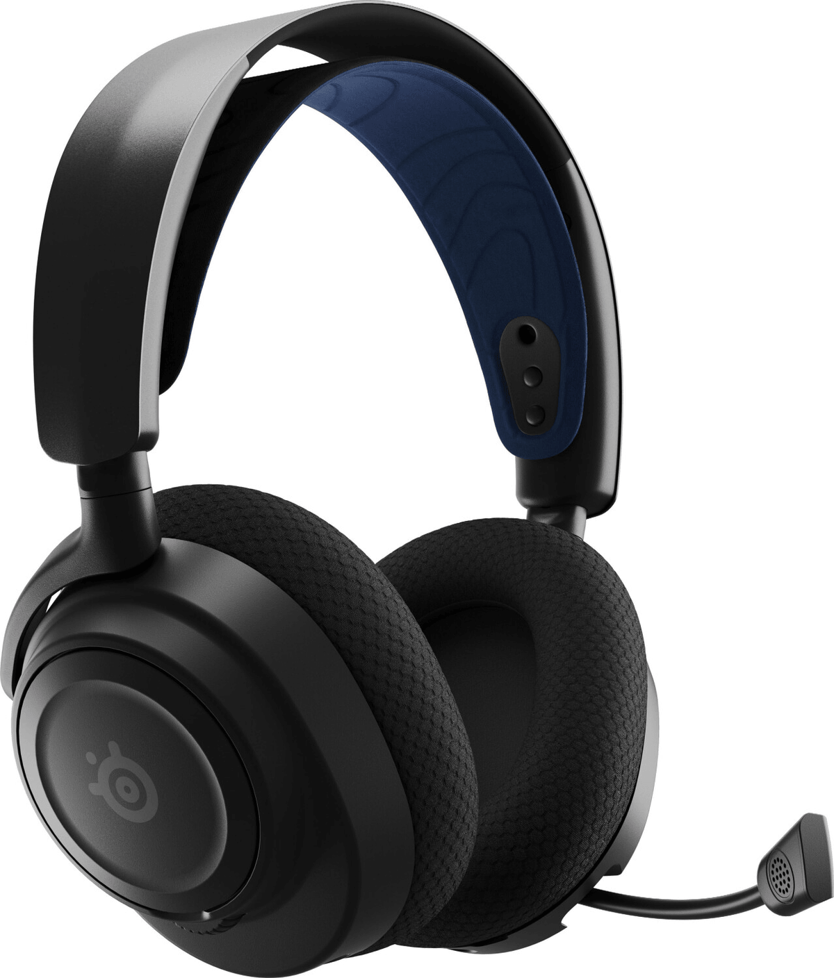 Cuffie nere con archetto blu e microfono.