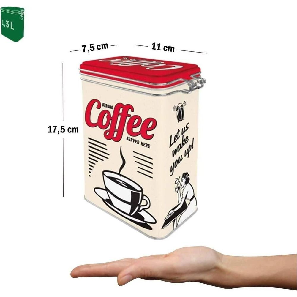 Latta da caffè in metallo, 17,5x11x7,5cm. Con tazza e slogan.