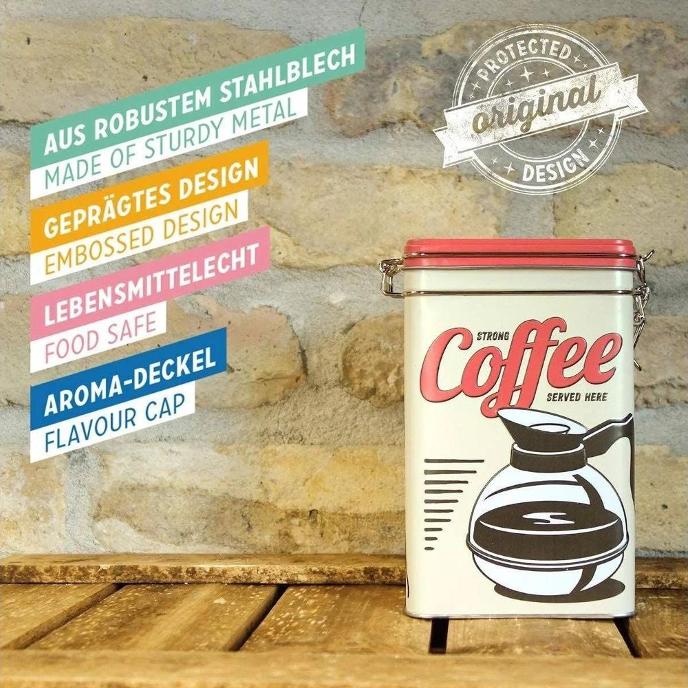Lattina da caffè bianca con coperchio rosso e illustrazione di caffettiera. Elementi di testo a sinistra.