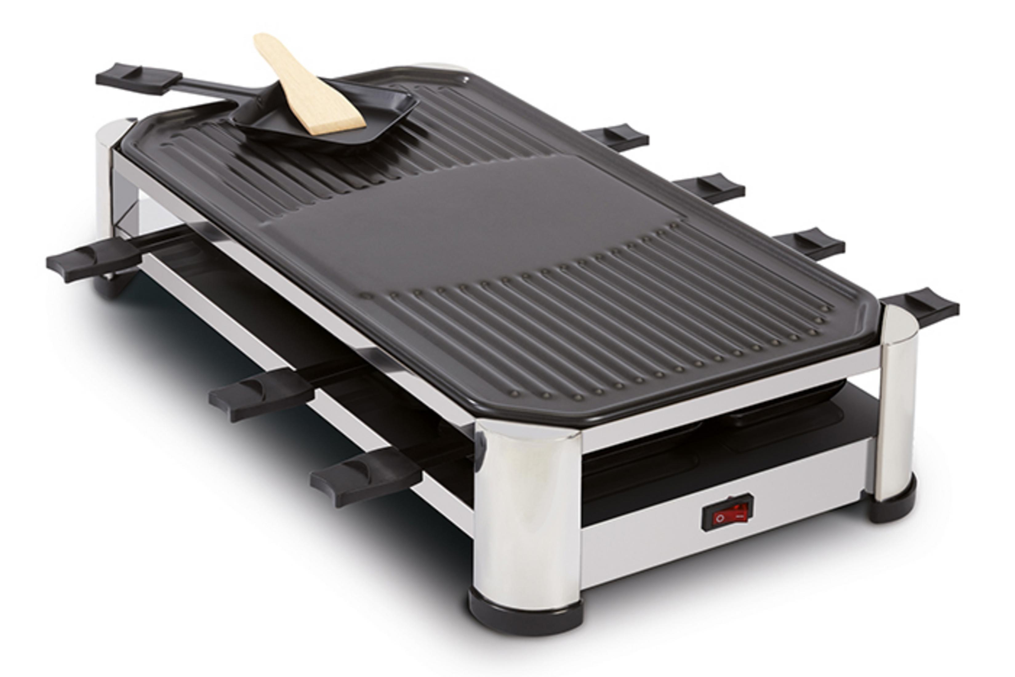 Compact raclette grill with eight small pans and a wooden spatula.