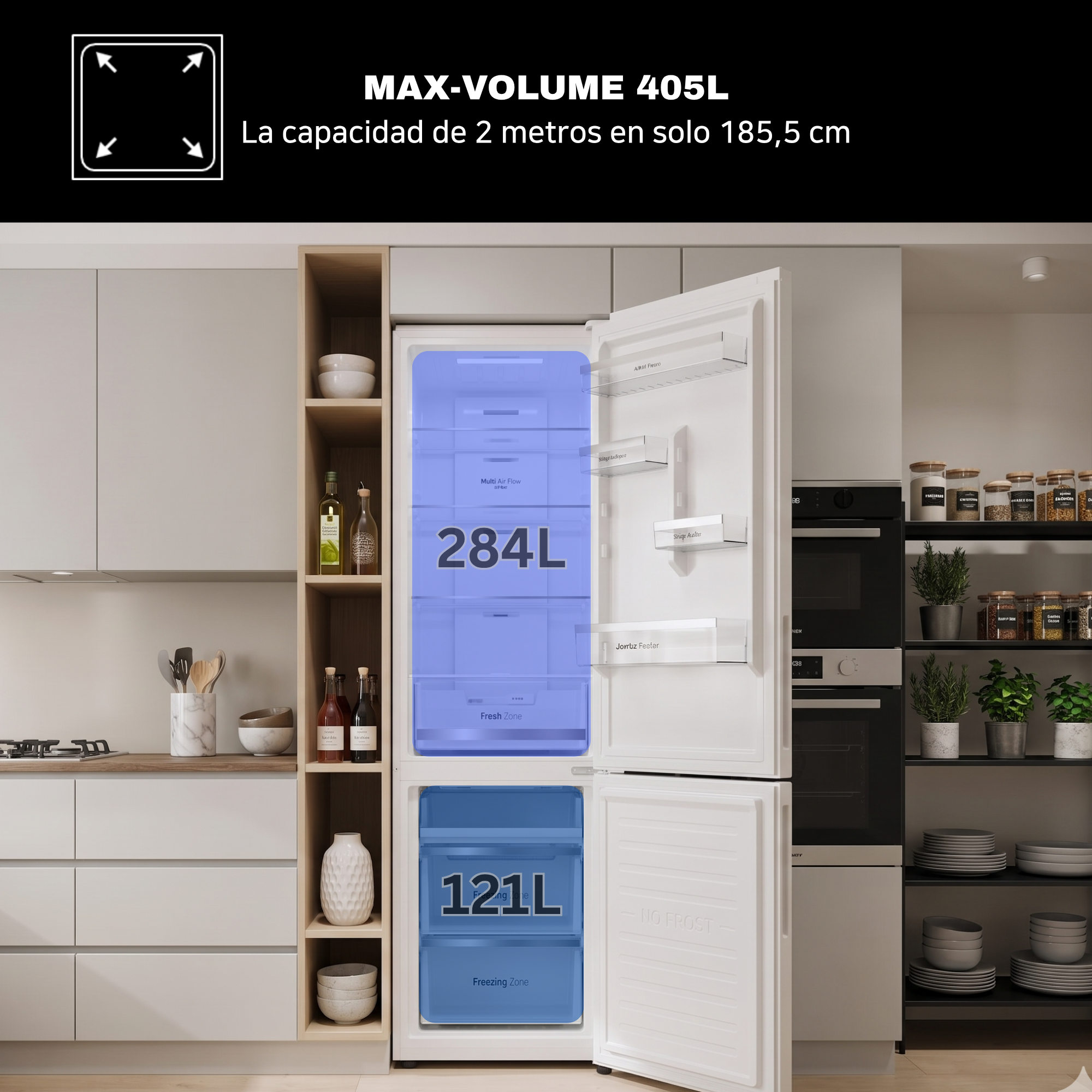 Un refrigerador abierto con capacidad de 405L y cajones.